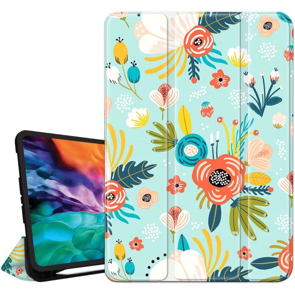 iPad Pro 11 Inch Case Flower with Pencil Holder, Floral TealProtective Cover